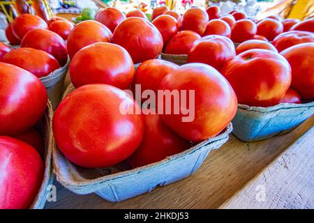 Gros plan des tomates exposées sur le marché d'un agriculteur Banque D'Images