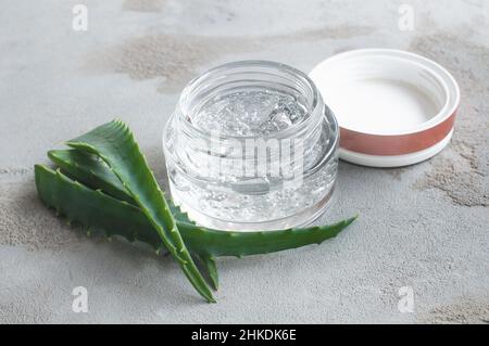 Gélofier avec de l'acide hyaluronique et des branches d'aloe vera dans un pot en verre sur un fond de béton Banque D'Images