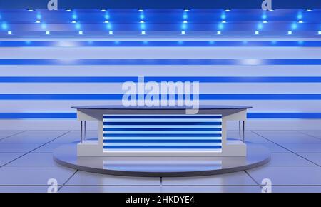 table blanche sur support avec fond bleu clair dans une salle de studio de news.3d rendu. Banque D'Images