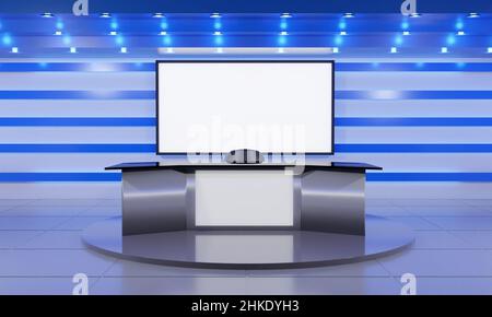 table blanche sur support avec fond bleu clair dans une salle de studio de news.3d rendu. Banque D'Images