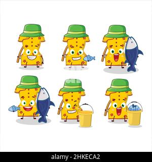 Un pêcheur de vêtements jaunes de femme chinoise dessin animé photo capture un gros poisson.Illustration vectorielle Illustration de Vecteur