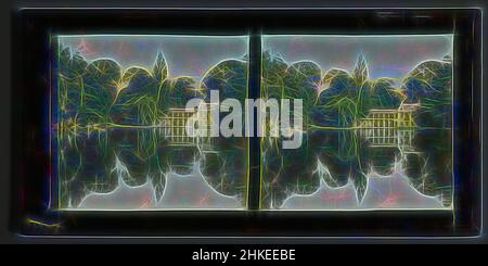 Inspiré par la vue du Hameau de la Reine sur un lac dans le jardin français du Château de Versailles, Trianon, Lac et Chalet, Versailles, 1860 - 1890, Verre, lame, hauteur 85 mm × largeur 171 mm, repensé par Artotop. L'art classique réinventé avec une touche moderne. Conception de lumière chaleureuse et gaie, de luminosité et de rayonnement de lumière. La photographie s'inspire du surréalisme et du futurisme, embrassant l'énergie dynamique de la technologie moderne, du mouvement, de la vitesse et révolutionne la culture Banque D'Images