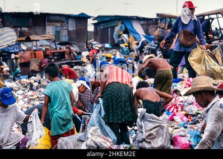 Des charognards sur la pointe des déchets à Tondo, Manille, Philippines.Les gens qui vivent parmi les ordures et recyclent ce qu'ils peuvent. Banque D'Images