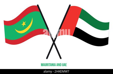 Les drapeaux mauritaniens et des Émirats arabes Unis sont croisés et agités de style plat.Proportion officielle.Corriger les couleurs. Illustration de Vecteur