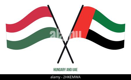 Hongrie et Émirats arabes Unis, drapeaux croisés et style plat.Proportion officielle.Corriger les couleurs. Illustration de Vecteur