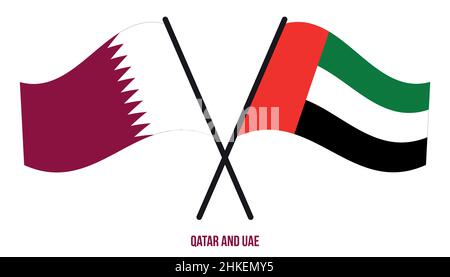Les drapeaux du Qatar et des Émirats arabes Unis sont croisés et agités de style plat.Proportion officielle.Corriger les couleurs. Illustration de Vecteur