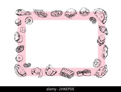 Pain et produits de boulangerie à la main cadre.Patisserie vintage croquis vectoriels stylisés.Copier l'espace.Éléments de dessin au trait pour les tirages Illustration de Vecteur