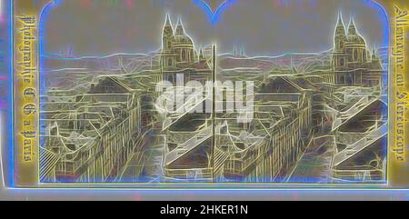 Inspiré par la vue de l'église Kostel svateho Mikuláše ou Saint-Nicolas, Malá Strana, Prague, Panorama sur la Kleonette et la cathédrale, Prague. Bohéme (Autriche), Allemagne au stéréoscope, Charles Gaudin, Praag, 1868, Papier, imprimé albumine, hauteur 84 mm × largeur 174 mm, repensé par Artotop. L'art classique réinventé avec une touche moderne. Conception de lumière chaleureuse et gaie, de luminosité et de rayonnement de lumière. La photographie s'inspire du surréalisme et du futurisme, embrassant l'énergie dynamique de la technologie moderne, du mouvement, de la vitesse et révolutionne la culture Banque D'Images