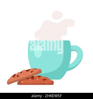 Tasse avec boisson chaude et biscuits, illustration vectorielle de style dessin animé plat.Tasse de café, de cacao ou de thé avec ruisseau.Petit déjeuner savoureux ou pause café Illustration de Vecteur