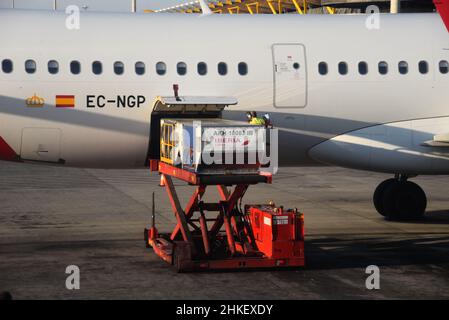 Madrid, Espagne - 2 août 2021 : chargement de bagages sur un avion stationné sur les tarmacs de l'aéroport international de Madrid Barajas Banque D'Images