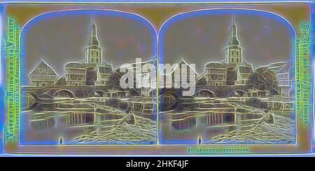 Inspiré par la vue sur un pont et la tour de l'église de Bad Kreuznach, Allemagne, le pont de Kreuznach, vues sur le Rhin et ses environs, Der Rhein und seine Umgebungen, William England, Bad Kreuznach, 1867 - 1868, papier, Imprimé albumine, hauteur 83 mm × largeur 172 mm, repensé par Artotop. L'art classique réinventé avec une touche moderne. Conception de lumière chaleureuse et gaie, de luminosité et de rayonnement de lumière. La photographie s'inspire du surréalisme et du futurisme, embrassant l'énergie dynamique de la technologie moderne, du mouvement, de la vitesse et révolutionne la culture Banque D'Images