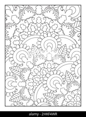 Page de coloriage Mandala. Page de coloriage floral. Page de coloriage des fleurs. Page de coloration de motif Mandala. Arrière-plan à motif fleuri. Fond floral. Banque D'Images