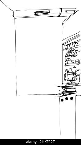 dessin vectoriel noir et blanc de l'intérieur de la cuisine Banque D'Images