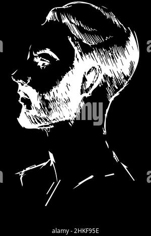 dessin vectoriel noir et blanc d'un jeune homme avec une barbe en profil Banque D'Images