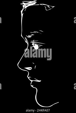 dessin vectoriel noir et blanc pour le portrait du profil d'un jeune homme Banque D'Images