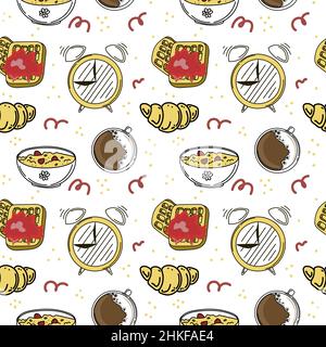 Un modèle de repas du matin sans couture. Éléments dessinés à la main. Petit déjeuner. Bonjour. Réveil, café, porridge avec baies et croissant Illustration de Vecteur