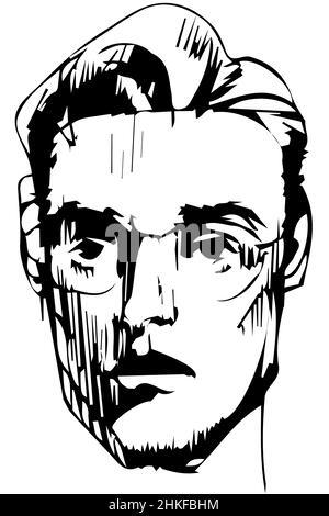 Dessin vectoriel noir et blanc d'un jeune homme en lunettes avec des yeux tristes Banque D'Images