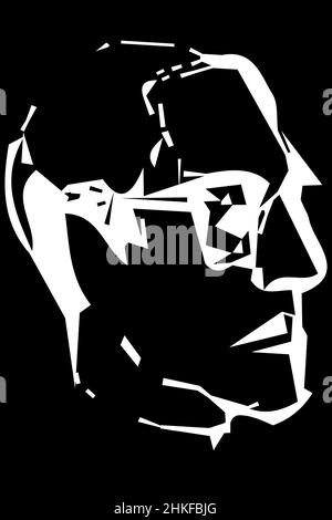 Dessin vectoriel noir et blanc pour le portrait du profil d'un homme avec des lunettes Banque D'Images