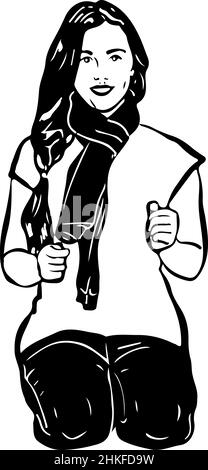 noir et blanc croquis vecteur fille dans un foulard est assis sur vos genoux Banque D'Images