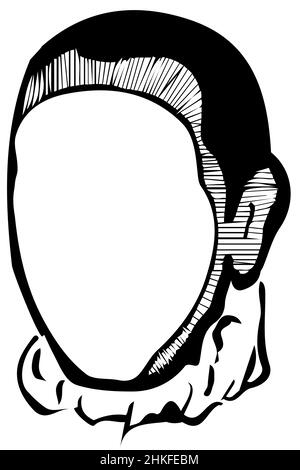 dessin vectoriel noir et blanc du visage d'un homme blanc sans yeux Banque D'Images