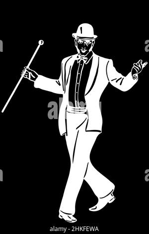 dessin vectoriel noir et blanc d'un magicien mâle dans un smoking portant un chapeau de melon dansant Banque D'Images