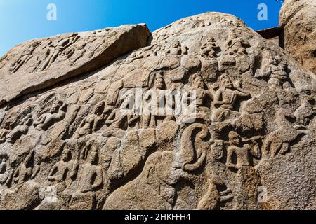 La pénitence d'Arjuna à Mamallapuram, site classé au patrimoine mondial de l'UNESCO à Tamil Nadu, Inde du Sud, Asie Banque D'Images