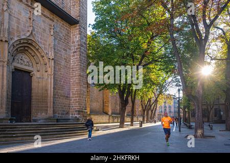 Espagne, Navarre, Pampelune (Iruña), scène sur le Camino Francés, route espagnole du pèlerinage à Saint-Jacques-de-Compostelle, classé au patrimoine mondial de l'UNESCO, Plazuela de San Jose et Santa Maria la Real cathédrale Banque D'Images