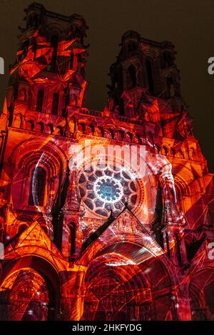 France, Aisne (02), Laon, spectacle son et lumière sur la façade de la cathédrale (3D cartographie) Banque D'Images