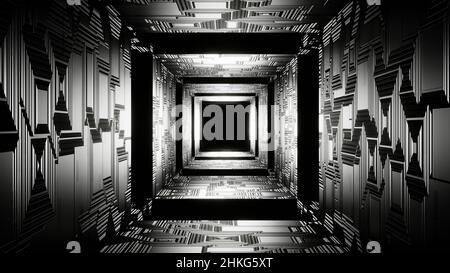 3D rendu.Couloir intérieur abstrait de vaisseau spatial de science-fiction avec reflets de tubes lumineux au néon.Intérieur de vaisseau spatial au design futuriste dans un fond gris Banque D'Images