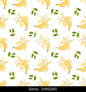 Motif sans couture avec banane jaune douce et feuilles vertes.Imprimé avec de délicieux fruits exotiques sains.Illustration vectorielle plate Illustration de Vecteur