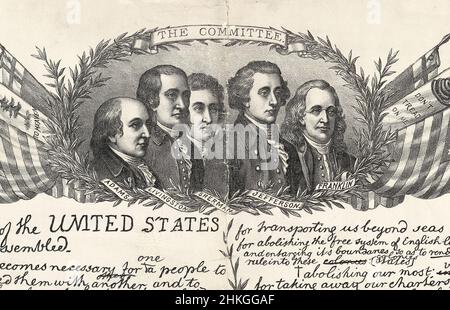 Détail de la télécopie du projet original de la Déclaration d'indépendance des États-Unis avec des images des signataires autour de la frontière.En haut du document portraits du comité des cinq: De gauche à droite: John Adams, Robert Livingston, Roger Sherman, Thomas Jefferson, Benjamin Franklin Date 1896 Banque D'Images