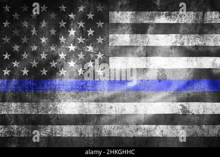 Etats-Unis fin ligne bleue grunge noir et blanc drapeau illustration, symbole pays variante concept Banque D'Images