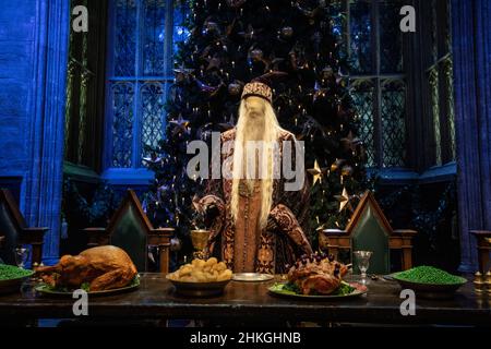 Leavesden, Royaume-Uni - janvier 9th 2022 : une grande salle festive de Poudlard, et le costume de Dumbledore, lors de la tournée de Harry Potter à la Warner Bros. Stu Banque D'Images