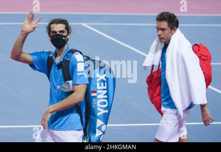 Montpellier, France.04th févr. 2022.Pierre-Hughes Herbert, Nicolas Mahut de France pendant les quarts de finale doubles à Open Sud de France 2022, tournoi de tennis ATP 250 le 4 février 2022 à Sud de France Arena à Montpellier, France - photo Laurent Lairys/DPPI crédit: DPPI Media/Alay Live News Banque D'Images