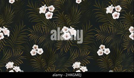 Motif exotique tropical sans couture avec fleurs blanches dans des feuilles tropicales. Illustration 3D dessinée à la main. Idéal pour les papiers peints, l'impression de tissus, Banque D'Images