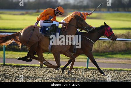 Gloire nordique criée par le jockey William Carson (à côté) sur le chemin de gagner le jeu Coral Racing-Super-Series for Free Handicap devant Fair and Square et Rossa Ryan à Lingfield Park Racecourse, Surrey.Date de la photo : vendredi 4 février 2022. Banque D'Images