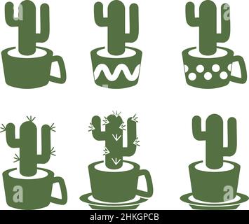 Ensemble de cactus à dessin simple de couleur monochrome dans des tasses et des pots Illustration de Vecteur