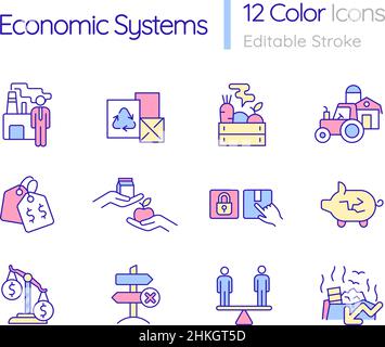 Jeu d'icônes de couleur RVB du système économique Illustration de Vecteur