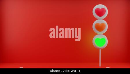 Fond d'écran de la Saint-Valentin, feu de circulation avec cœur, sur le vert. Papier peint romantique pour la journée de lovis. Espace copie.3D images, 3D rendu Banque D'Images