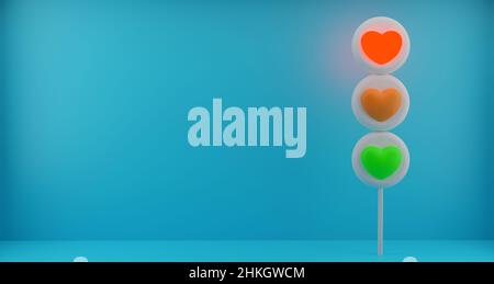 Arrière-plan de la Saint-Valentin, feu de circulation avec coeurs, sur le rouge. Papier peint romantique pour le jour de lovis. Espace copie.3D images, 3D rendu Banque D'Images