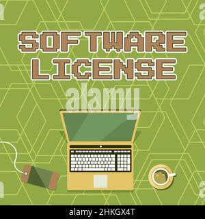 Inspiration montrant la licence du logiciel Sign. Mot pour instrument juridique régissant la redistribution du logiciel ordinateur portable reposant sur Une table à côté du café Banque D'Images