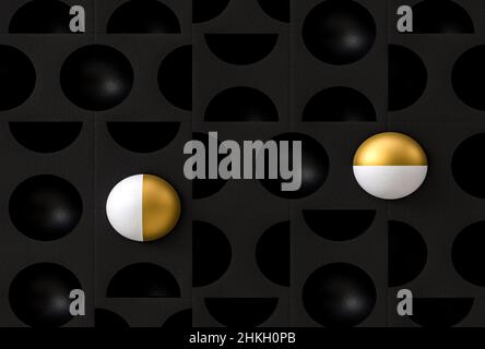 arrière-plan abstrait noir avec hémisphères blanc et or.3d rendu Banque D'Images