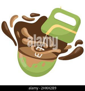 La crème au chocolat est fouettée avec un batteur électrique dans une assiette verte, des éclaboussures de chocolat, illustration dans un style plat Illustration de Vecteur