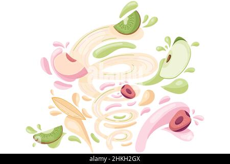 Préparation de smoothie frais aux fruits, préparation d'aliments biologiques sains.Jus de kiwi, pêche, cerise, pomme et mangue dans un style de dessin animé plat.Illustration vectorielle Illustration de Vecteur