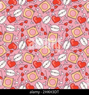 Coeurs rouges, verres de coeur, message et enveloppeurs sur le fond rose en style de dessin animé de 70s .Motif abstrait sans couture. Illustration.Vecteur Illustration de Vecteur