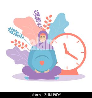 Jolie femme enceinte dans hijab et fleurs avec une horloge.Fille musulmane.Heure de naissance ou d'attente de l'arrivée du bébé.Grossesse et maternité Illustration de Vecteur