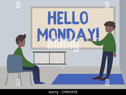 Légende du texte en présentation Bonjour lundi. Mot écrit sur message d'accueil message positif pour un nouveau jour semaine commençant le dessin d'enseignant et d'étudiant ayant la classe Banque D'Images