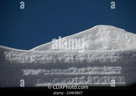 couches de neige sur le toit charge de neige sur le toit extérieur de la maison ou le chalet de ski accumulation de neige dans le ciel bleu d'hiver en fond d'hiver format horizontal Banque D'Images