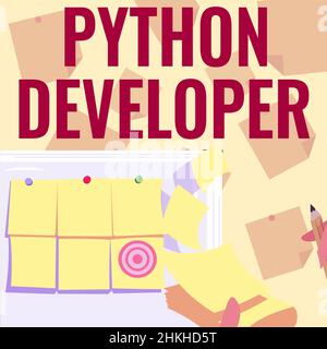 Inspiration montrant le développeur Python Sign. Idée d'entreprise responsable de l'écriture de toile de fond de la logique d'application Web côté serveur présentant Sticky Notes Banque D'Images
