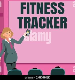 Écriture affichant le texte Fitness Tracker. Dispositif d'approche professionnelle qui enregistre l'activité physique quotidienne d'une personne, une femme qui tient la télécommande Banque D'Images